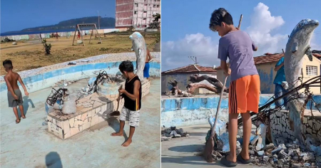 Con escobas, esfuerzo e ilusión: niños transforman un parque abandonado en Baracoa