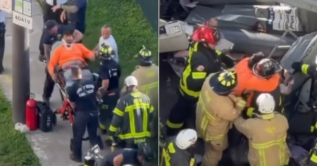 Trabajador rescatado tras derrumbe de equipo de construcción en Brickell abraza al bombero que lo liberó