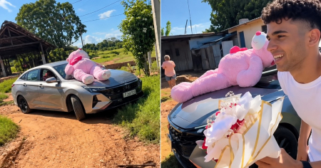 ¡Con flores y un oso gigante! Así sorprendió un cubano a su madre al regresar a Cuba