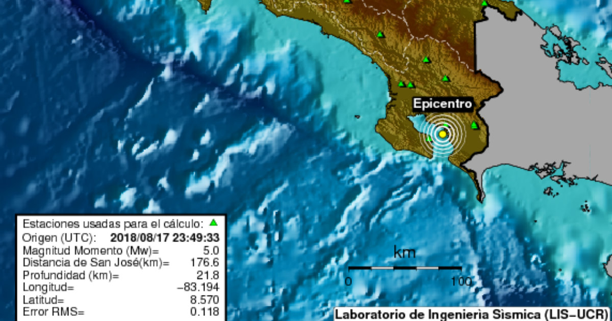 Ubicación del terremoto registrado este viernes en Costa rica. © Sismos Costa Rica