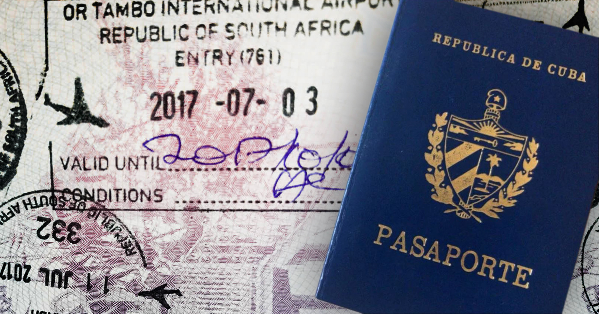 El pasaporte cubano y el sello de un vuelo a Sudáfrica en un montaje fotográfico © equipatgedema.cat