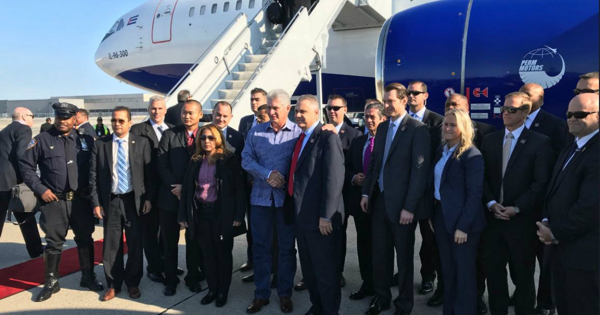 El presidente Miguel Díaz-Canel ante de regresar a Cuba desde Nueva York © Twitter / @JoseRCabanas
