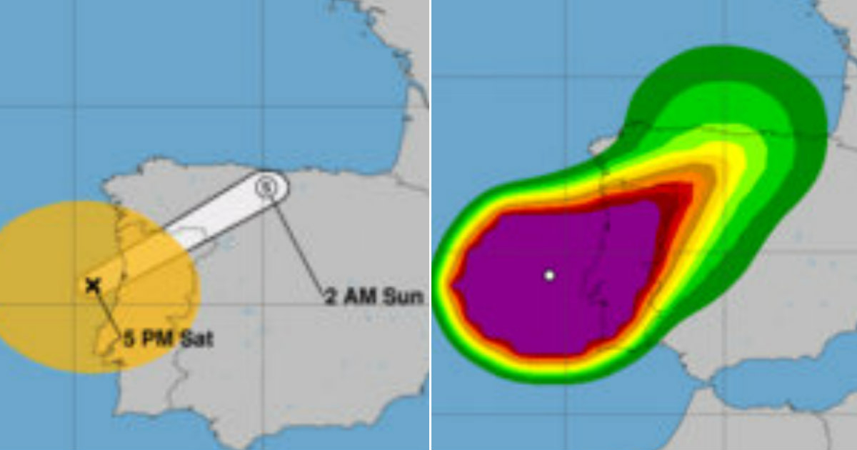 Mapa de España con la trayectoria de los restos de los huracanes. © NHC