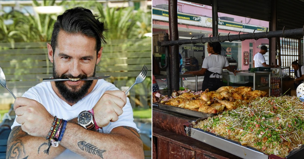El chef Javier Peña (i) y venta de comida (d) © Collage Twitter/Pena / CiberCuba