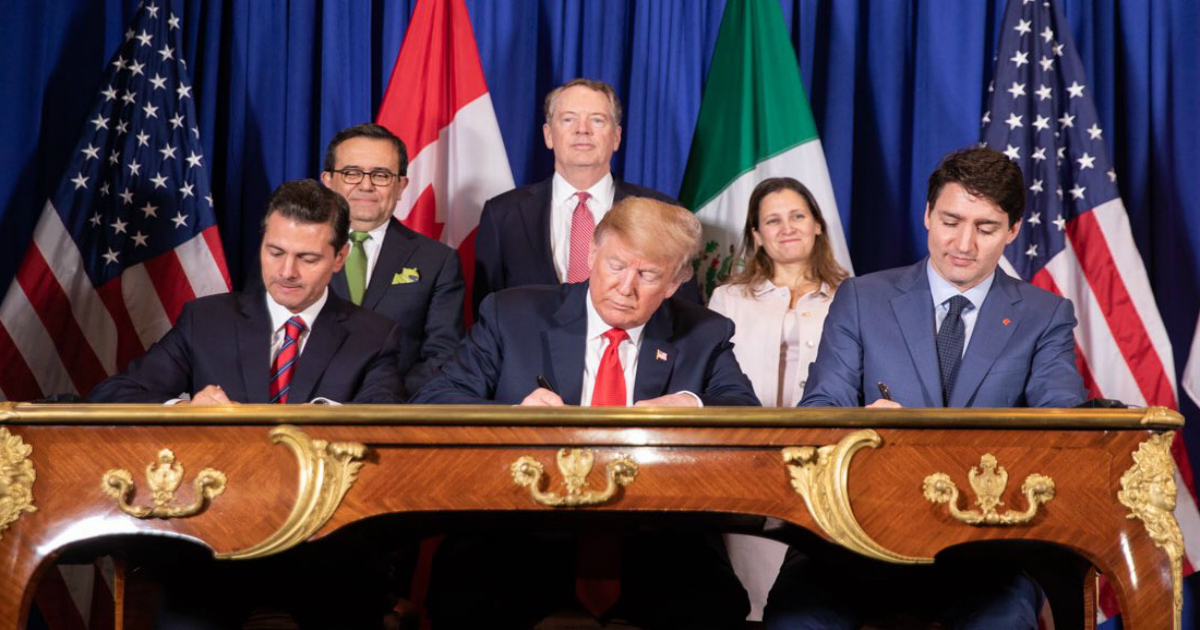 Los presidentes de México, Estados Unidos y Canadá en la firma del nuevo tratado. © Twitter / Dan Scavino