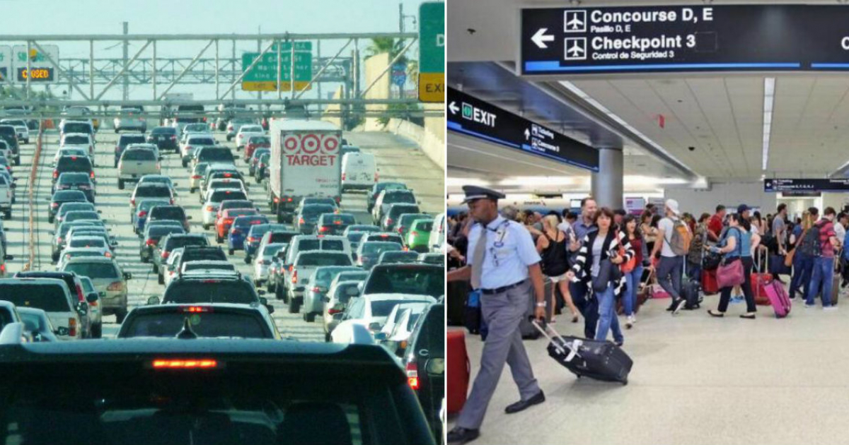 Tráfico en Miami (i) y Aeropuerto Internacional de Miami (d) © Collage Wikimedia