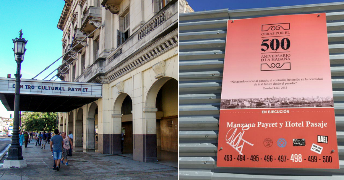 El teatro Payret y un cartel donde se informa de las obras. © CiberCuba / Facebook / Norge Espinosa Borges