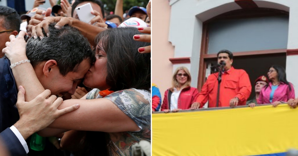 Juan Guaidó en la calle y Nicolás Maduro en el Palacio de Miraflores. © Reuters / Adriana Loureiro / Twitter / Presidencia de Venezuela