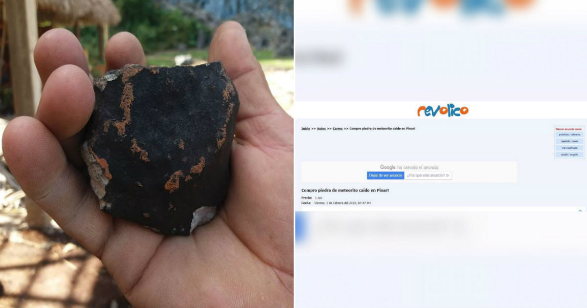 Piedra de meteorito y anuncio en Revolico © Twitter Leticia Martínez / Revolico