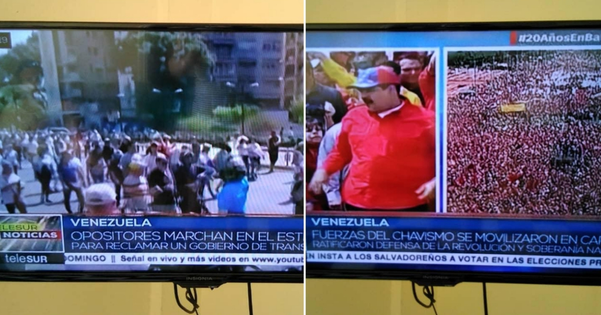 Manifestación de Guaidó (a la izquierda) y la de Maduro (a la derecha) en la TV de Cuba. © CiberCuba