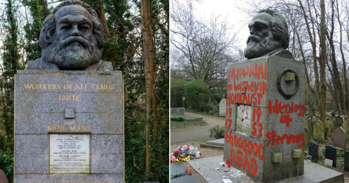 Tumba de Karl Marx antes de y después de ser vandalizada. © Highgate Cemetery / Twitter
