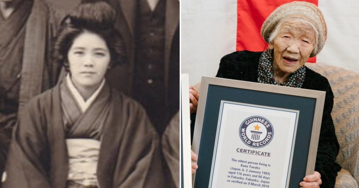 Kane Tanaka en una foto de archivo y cuando recibe el Récord Guinness. © Twitter / Guinness World Records