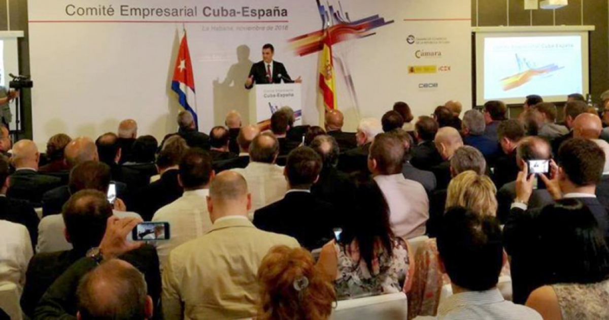 Pedro Sánchez en su visita a Cuba, en el Foro Empresarial Cuba-España © CNC TV Granma