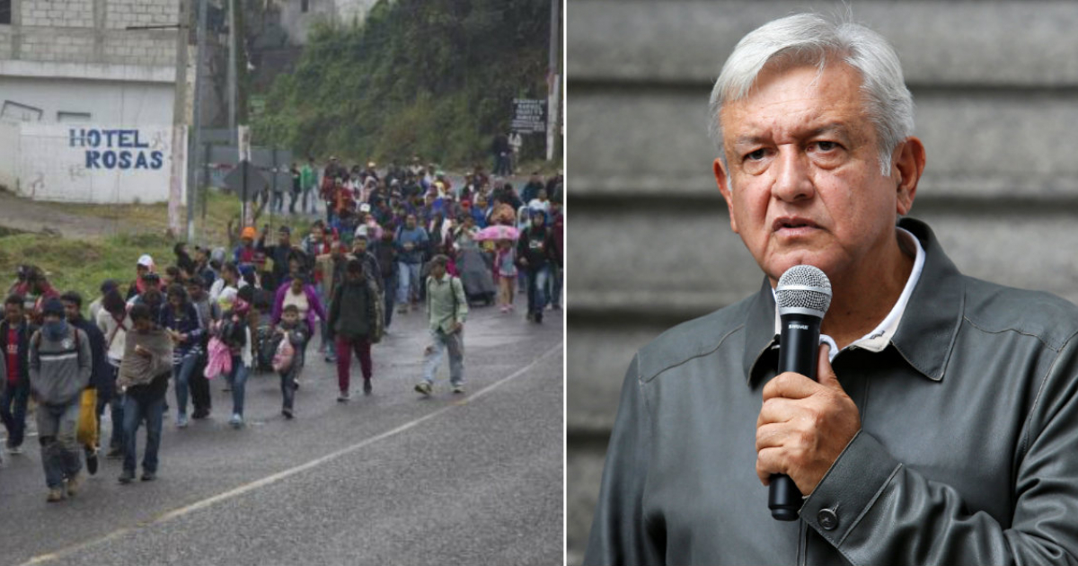 Caravana de migrantes (i) y el presidente Andrés Manuel López Obrador (d) © Collage YouTube/screnshot-Twitter/Manuel Andrés