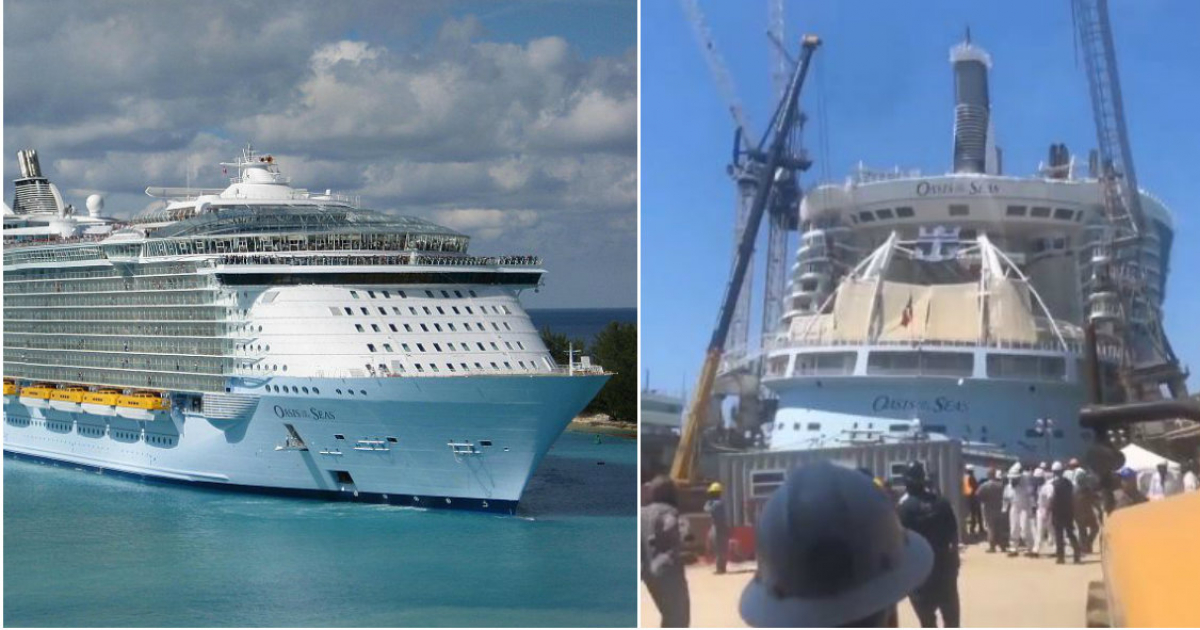 Oasis of the Seas (i) y Buque con la grúa caída sobre su costado (d) © Collage Twitter/ Wikipedia