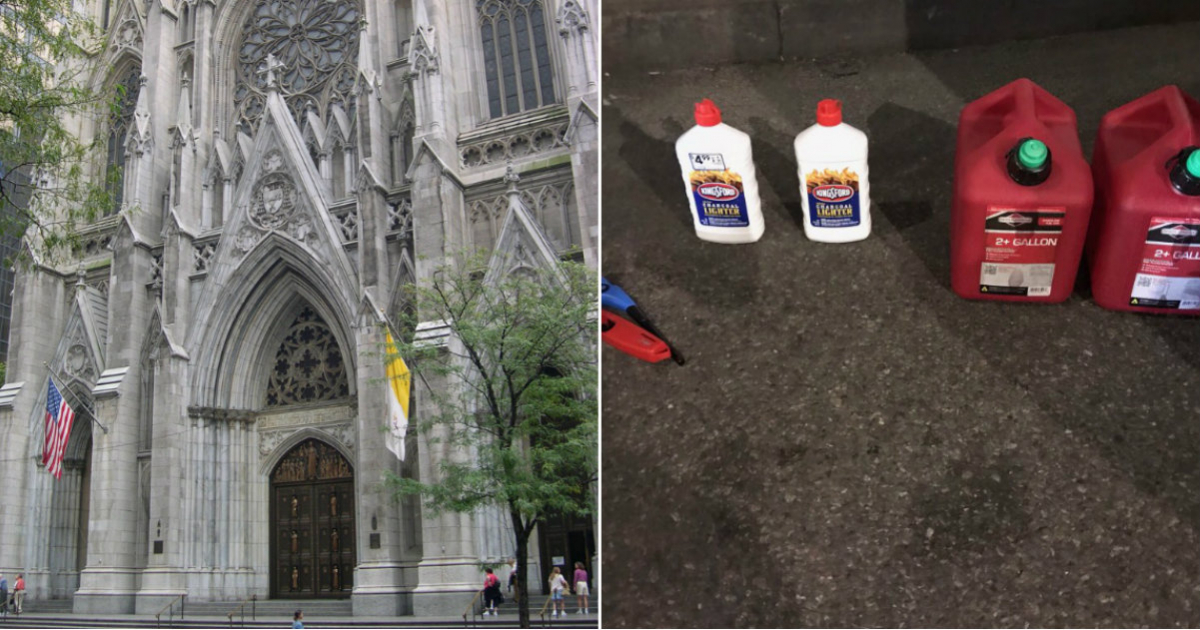 La catedral Saint Patrick y los bidones de gasolina del arrestado © Flickr / Chris Wall / Twitter / @NYPDMTN