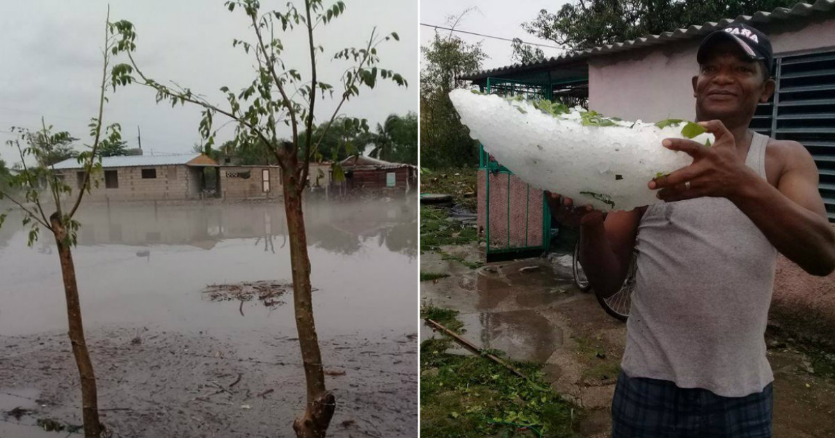 Inundaciones durante la tormenta y un cubano enseña los granizos. © Radio Villa Clara / Alexander Jiménez