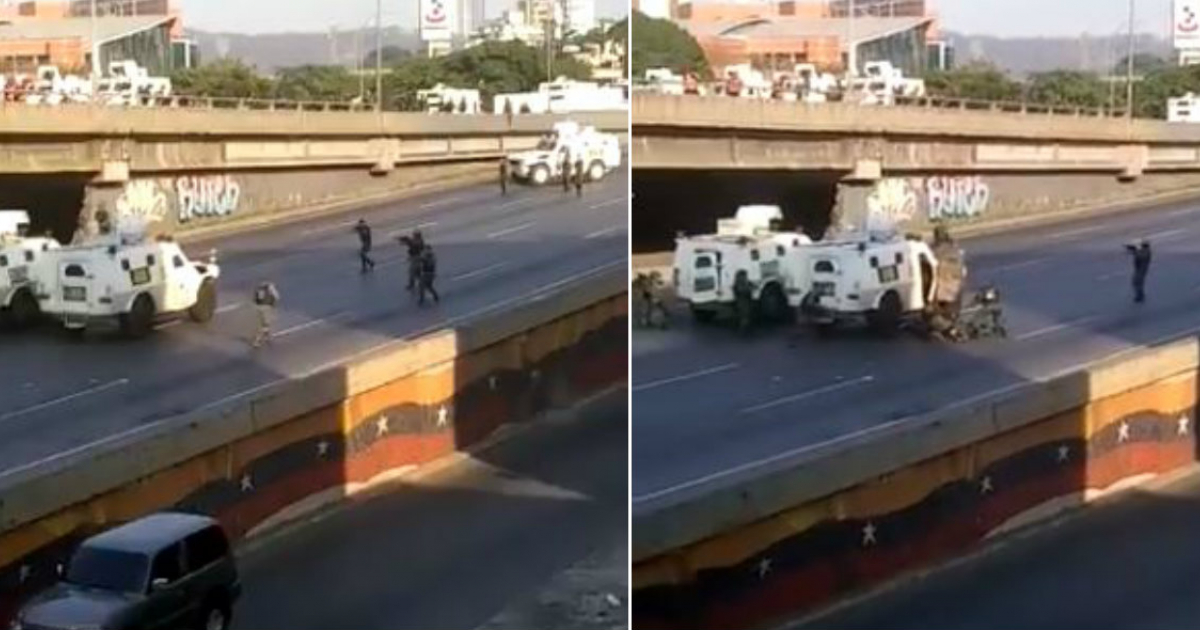 Instantáneas del momento en que las tanquetas son interceptadas. © Collage Captura de Twitter / TV Venezuela Noticias