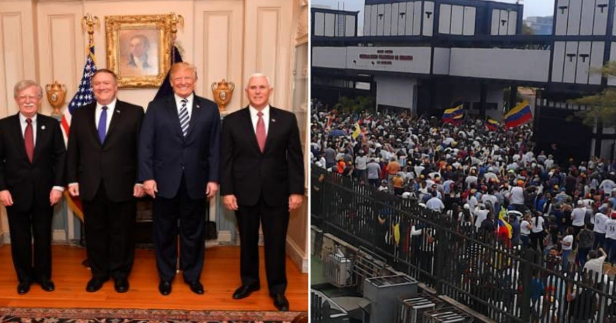 Parte del gabinete de Donald Trump (d) y concentraciones en Venezuela (i). © US State Department / Twitter / Pedro Luis Flores