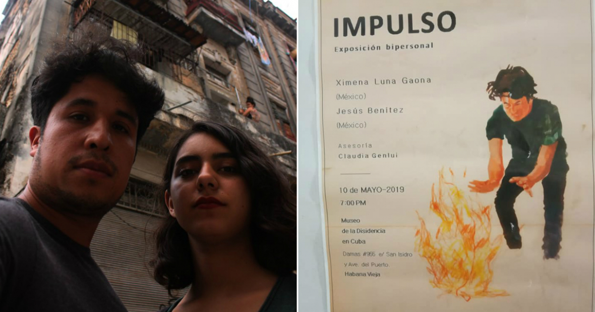Jesús Benítez y Ximena Luna Gaona (izquierda) y cartel de la exposición "Impulso" (derecha) © Facebook / Jesús Benítez
