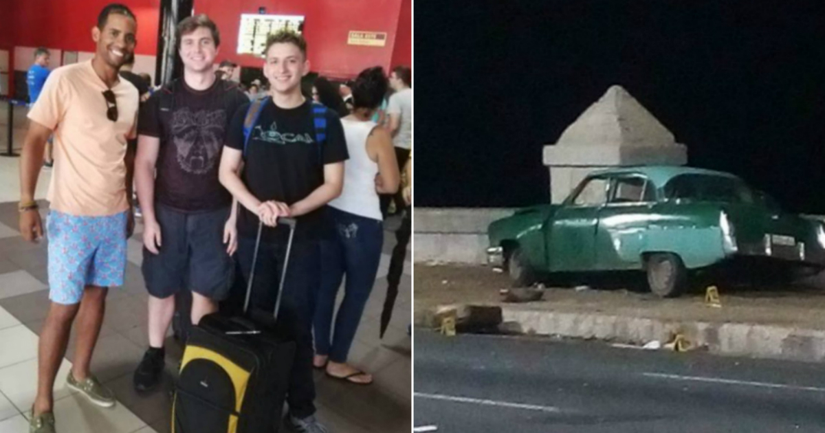 Eli Martínez y Matthew Moore, acompañados de su guía en Cuba (i) y accidente en el Malecón (d). © Captura de video Local 10 News / Facebook Mauro Torres