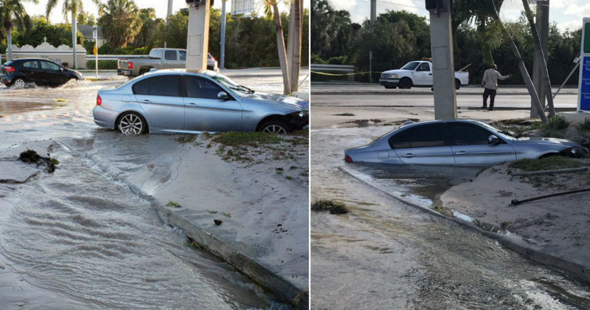 Auto que chocó contra un hidrante quedó inundado © Collage Twitter/DFB_BSOAlerts