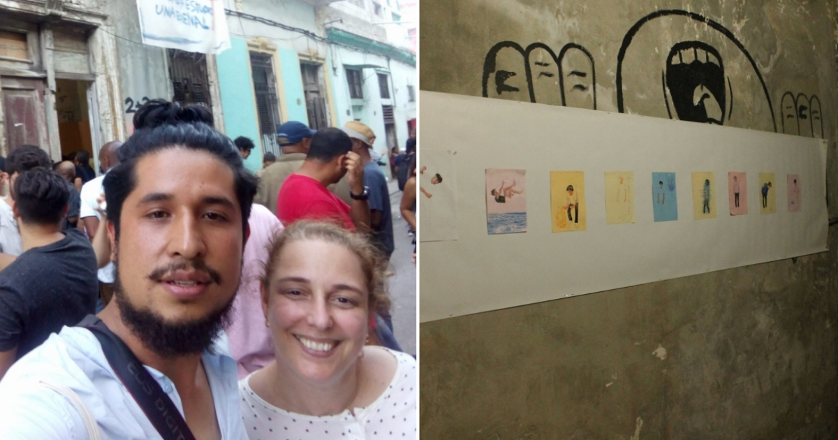 El artista mexicano Jesús Benítez, junto a la cubana Tania Bruguera (i) y su exposición en La Habana (d). © Facebook / Jesús Benítez