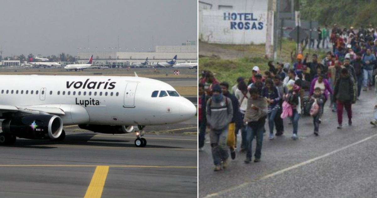 Avión de Volaris (i) y Caravana de migrantes (d) © Collage Wikimedia- YouTube/screenshot