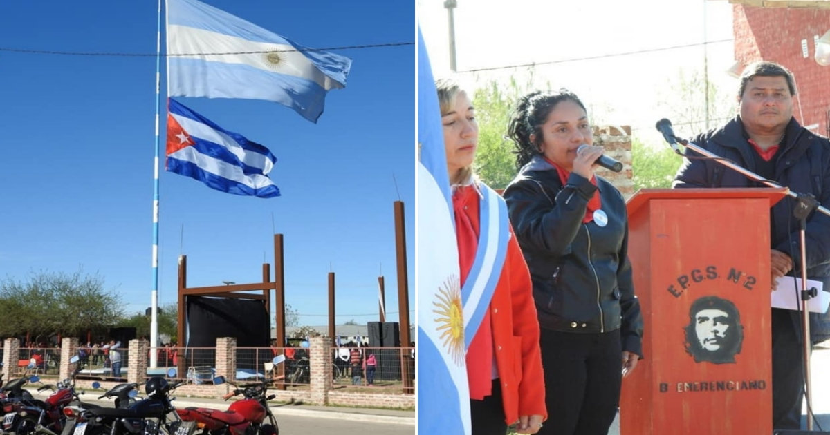 Las banderas de Argentina y Cuba (i) y el Che en el escudo del colegio © Collage con Facebook - Movimiento Socialista Emerenciano