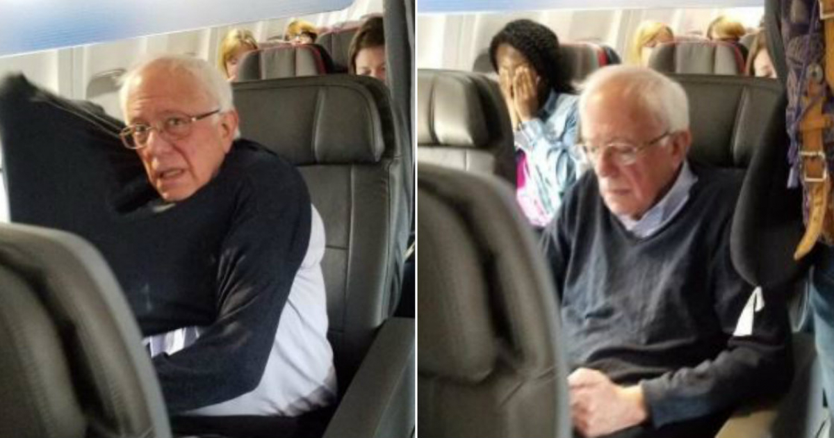 Bernie Sanders en un vuelo de primera clase que aseguran es el que lo llevaba a Miami © Twitter / Giancarlo Sopo