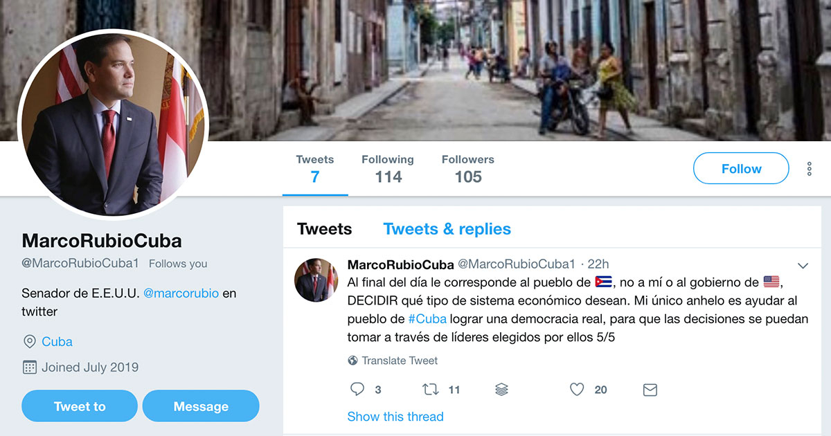 Cuenta en Twitter del senador Marco Rubio para Cuba © CiberCuba