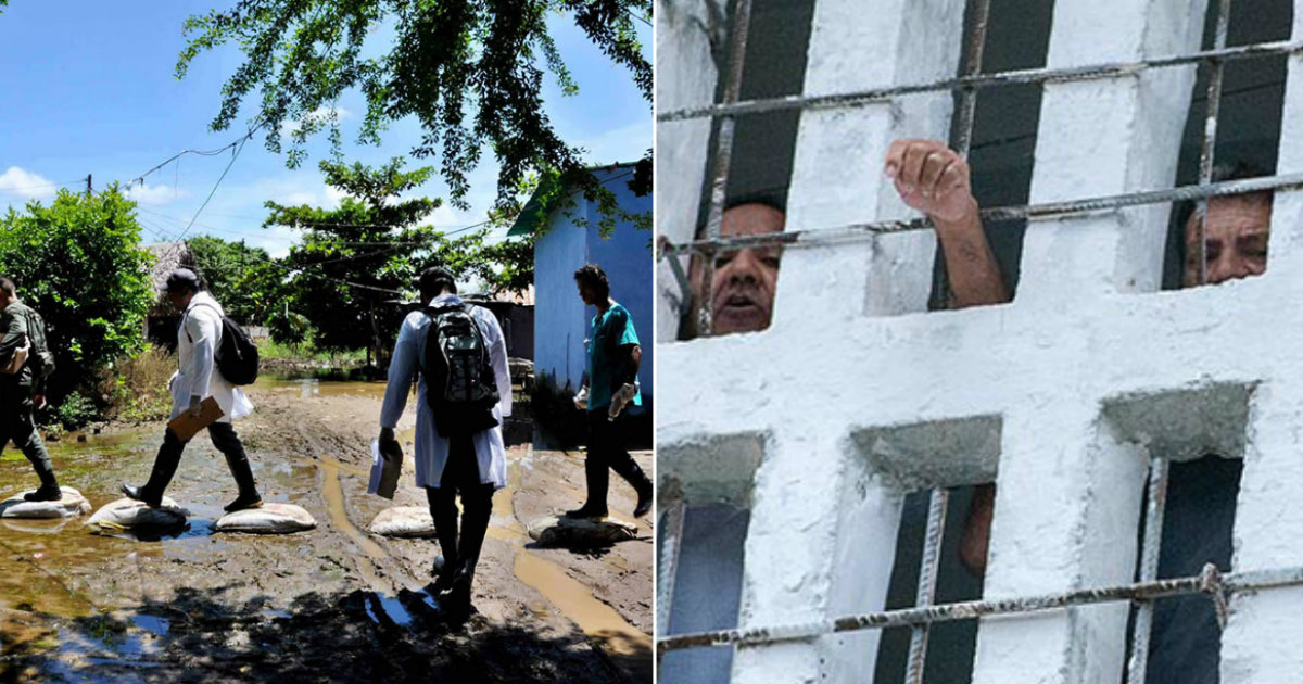 Médicos cubanos en misiones junto a una imagen de referencia de una cárcel © Collage Omara García Mederos / ACN y Raquel Pérez / Cartas desde Cuba