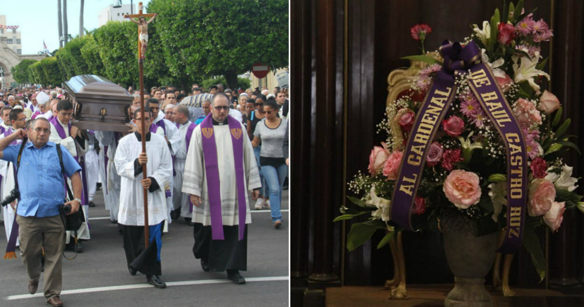 Sepultado el Cardenal Jaime Ortega en el Cementerio de Colón / Ofrenda floral de Raúl Castro © Collage: Facebook Palabra Nueva Cuba y COC