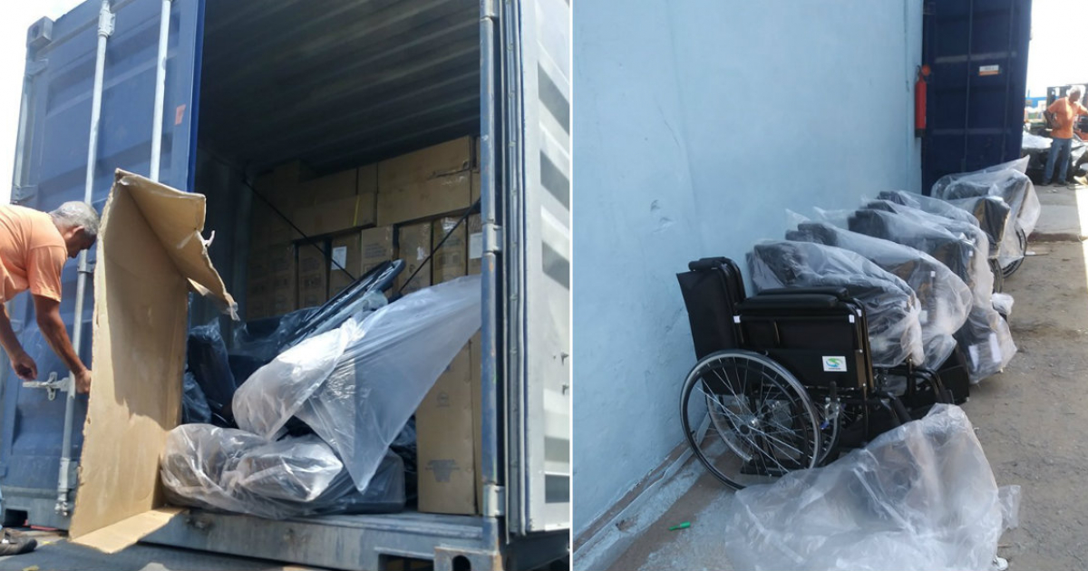 Descarga de contenedor con material de donación (i) y Sillas de ruedas (d) © Collage Facebook/Humanity & Inclusion - Programa Cuba