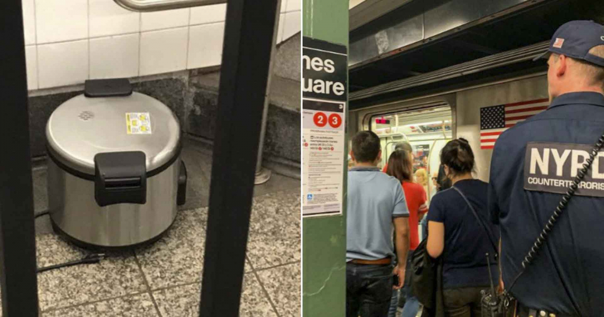 Una de las ollas localizadas y policía en el metro de Nueva York © Imágenes de la Policía