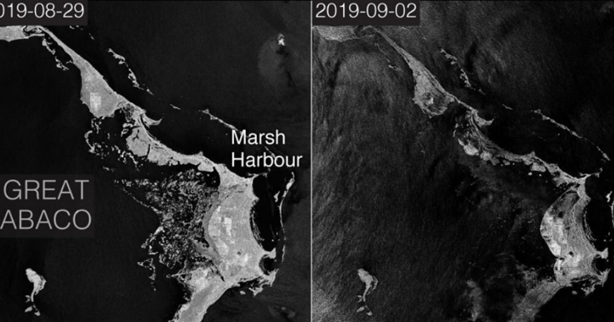 Imágenes del satélite que muestran las islas Abaco antes y después del paso del huracán Dorian © ESA EarthObservation