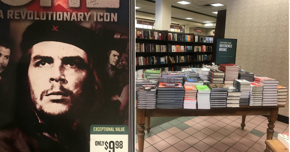 Libro sobre el Che Guevara en venta (i) y Librería de Miami que vende un libro sobre el Che (d) © Collage Cubaarchive.org