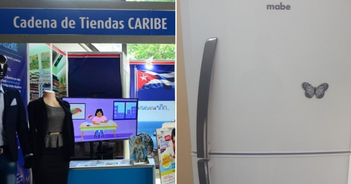 Un stand de tiendas Caribe y un refrigerador Mabe, imágenes de referencia © Collage con Excelencias Cuba y Porlalivre