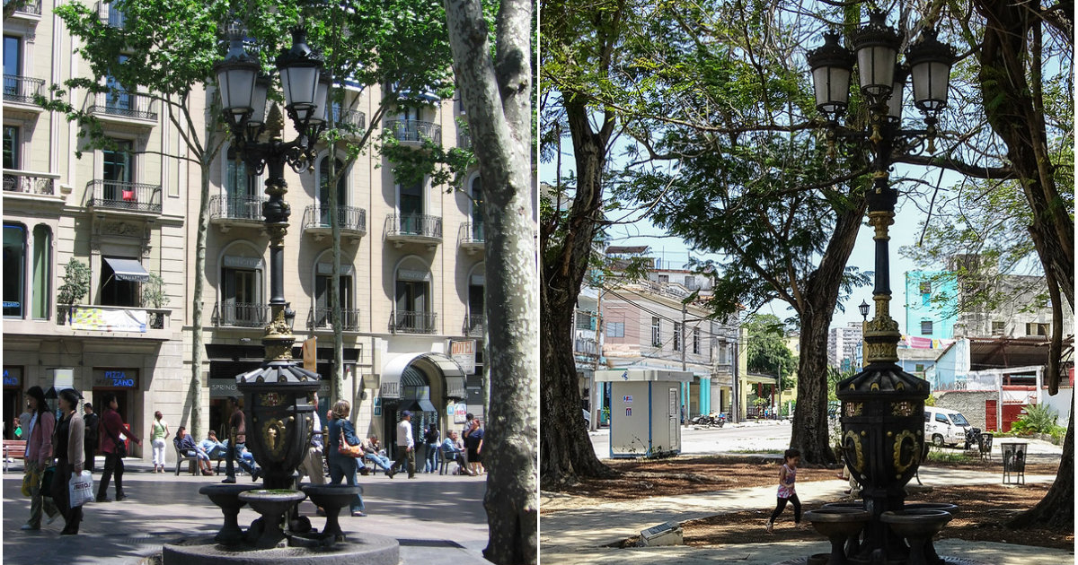 Font de Canaletes en Barcelona y su réplica en La Habana © Collage