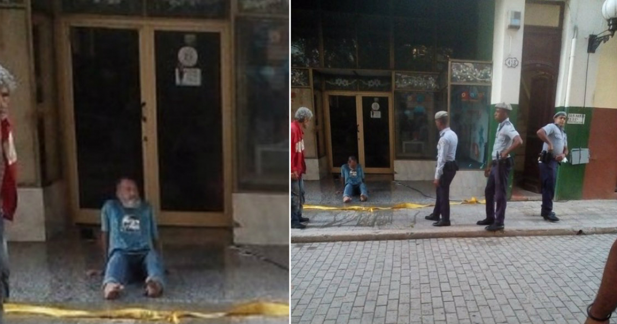 Policías cubanos le arrojan cubos de agua a un anciano que dormía en el portal de una tienda de La Habana