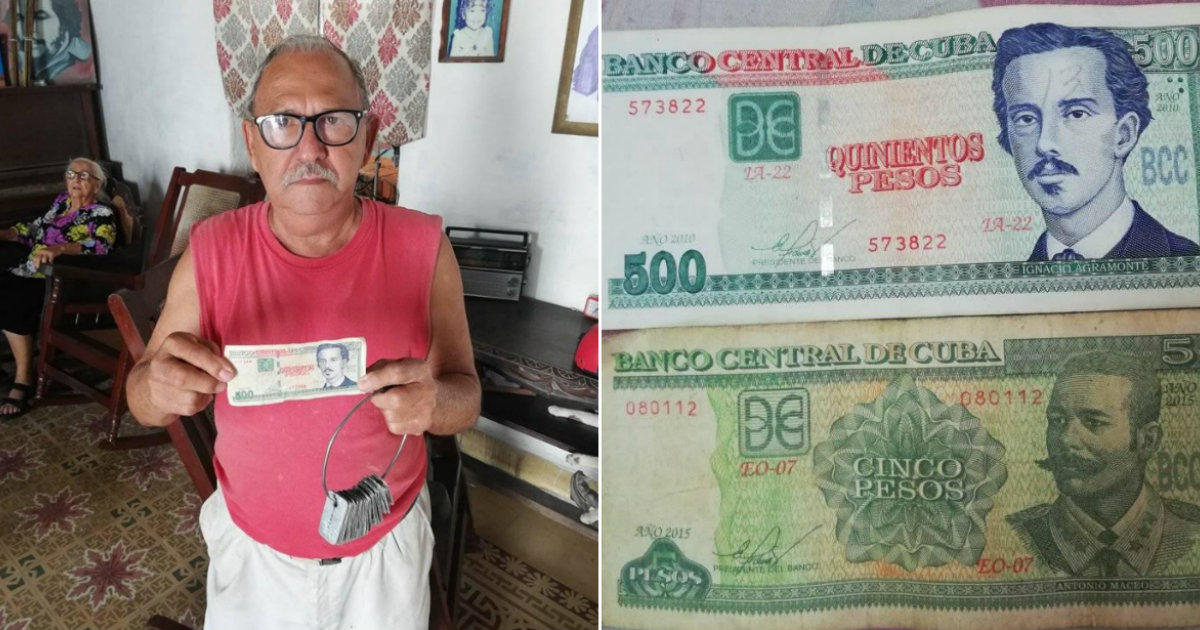 Alexis Denis, el parqueador que devolvió el dinero (i) y billetes de 500 y de 5 CUP (d) © Facebook/Emilio Hernández Leyva