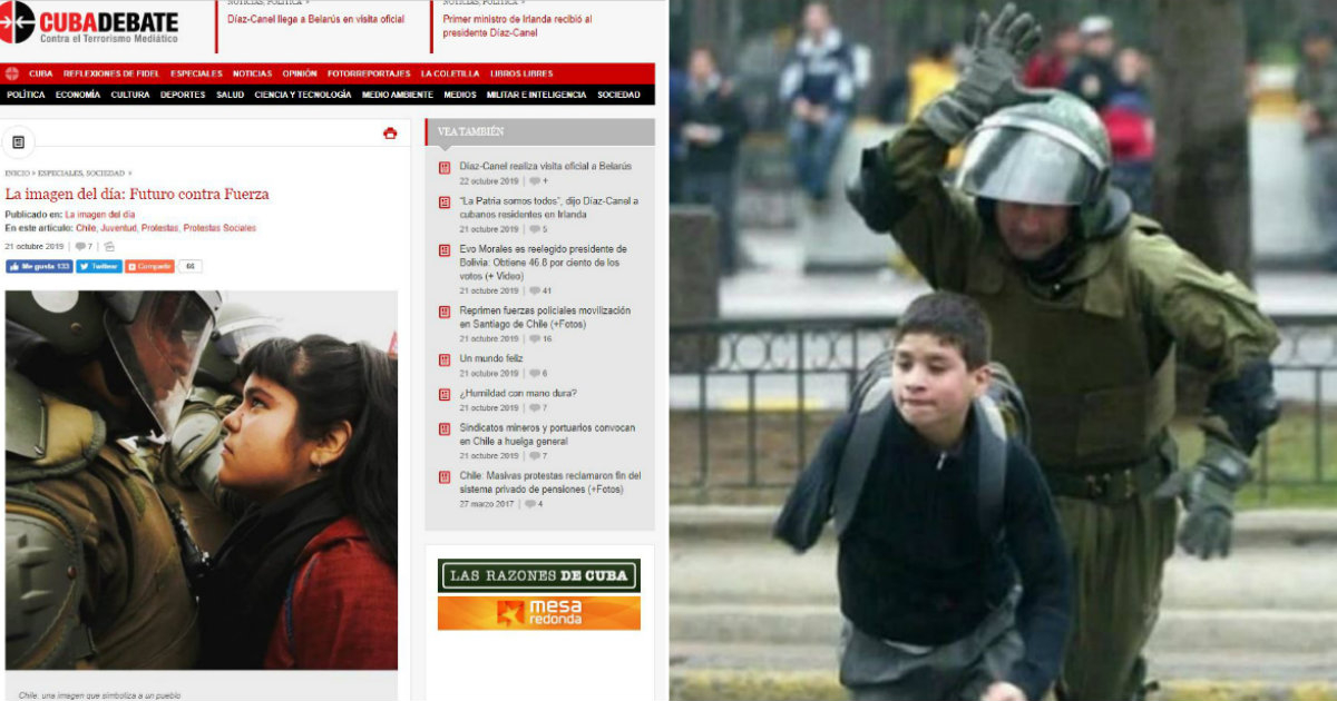 El portal web Cubadebate usa imágenes que no se corresponden a los actuales disturbios en Chile © Captura de pantalla