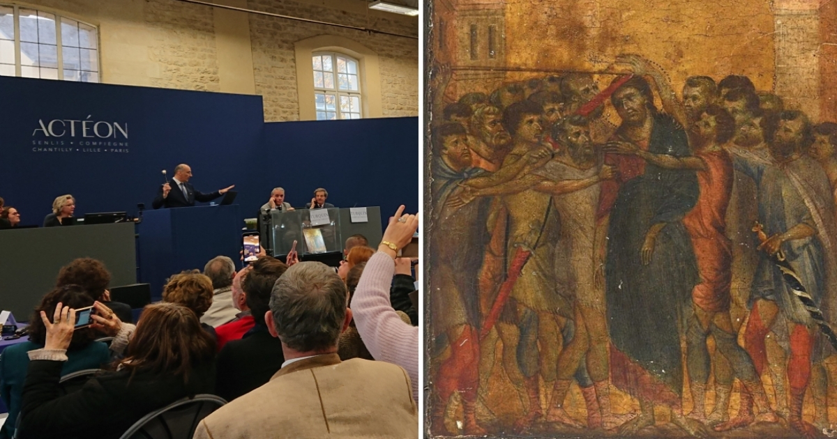 Momento de la subasta (i) y el cuadro de Cimabue (imagen de referencia). © Collage con Twitter / Auction Radar