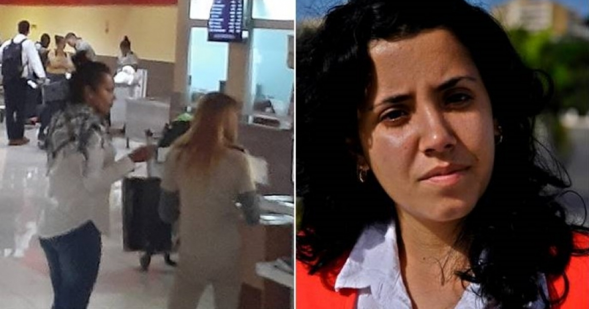 Colage entre imagen tomada en el aeropuerto y periodista independiente Camila Acosta © Ángel Santiesteban-Prats y Camila Acosta/ Facebook de ambos