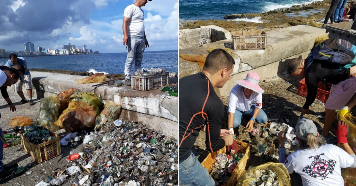 Cubanos retiran vidrios y latas en el Malecón de La Habana © Facebook / MOTO Eléctrica CUBA / HabanaSub