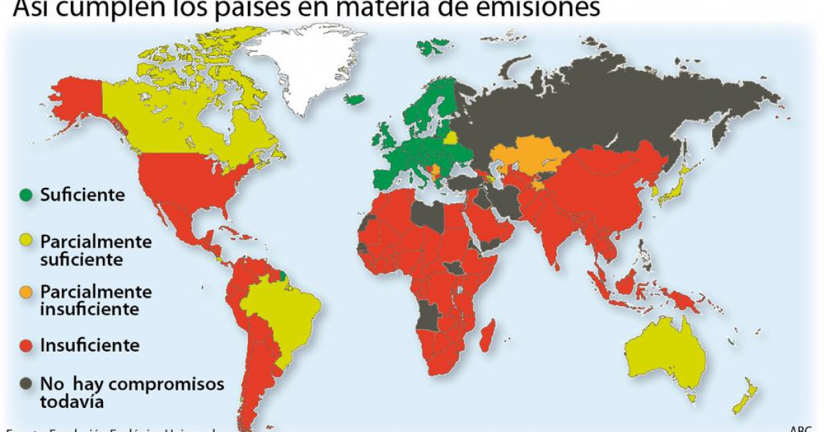 Cuba aparece marcada en rojo en el mapa elaborado por Naciones Unidas. © Informe de ONU sobre cumplimiento Acuerdo de París.