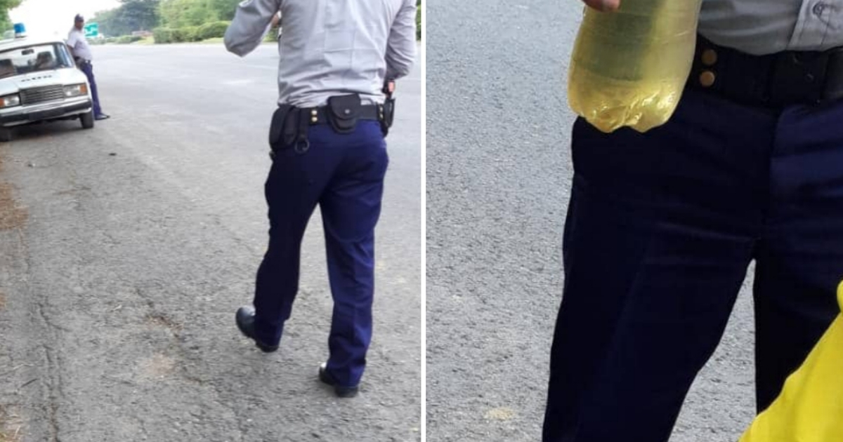 Patrulla involucrada y policía con pomo de gasolina en las manos. © Collage con fotos cortesía a CiberCuba