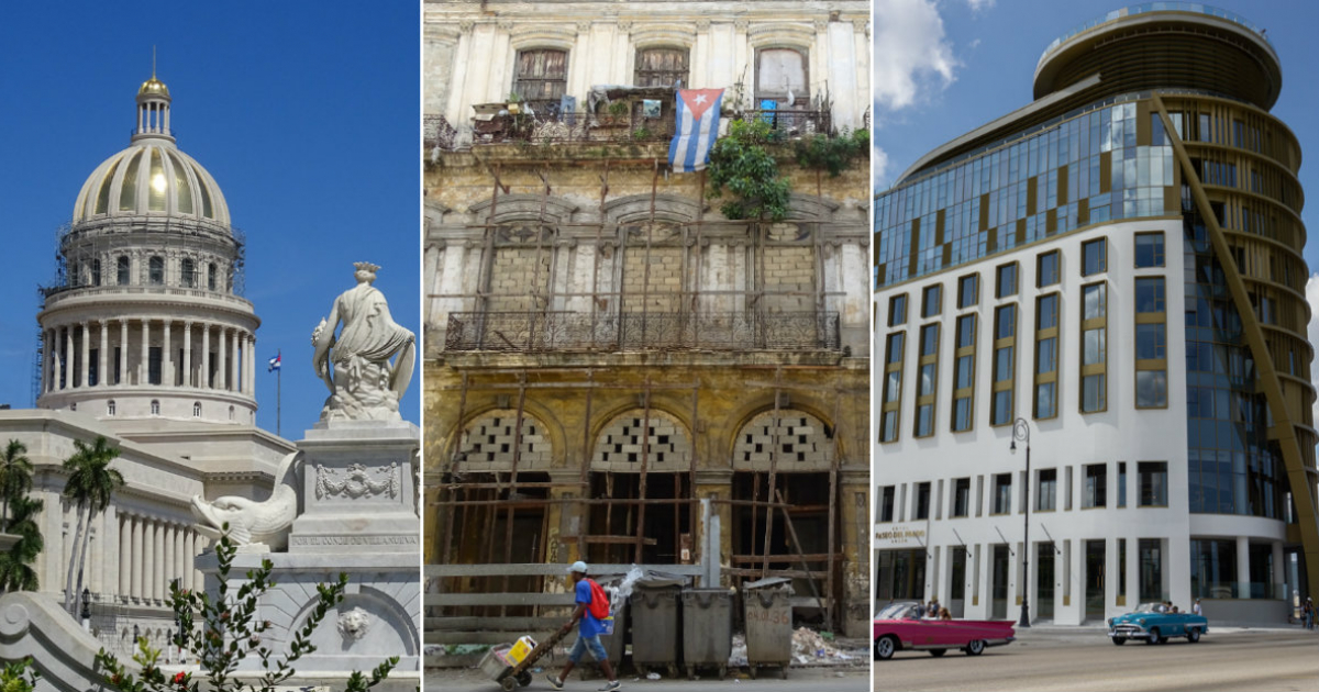 de izquierda a derecha: el Capitolio, ruinas en La Habana, el hotel Paseo del Prado © Collage CiberCuba