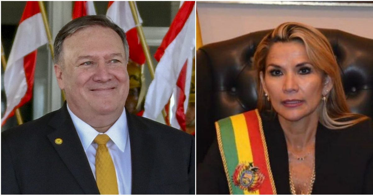 El Secretario de Estado de EE.UU., Mike Pompeo, y la presidenta interina boliviana, Jeanine Áñez. © Collage Wikimedia/Twitter/@JeanineAnez