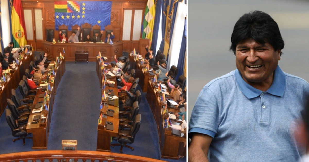 Votación en el Senado de Bolivia y Evo Morales en México. © Collage con Twitter / Senado boliviano y Evo Morales